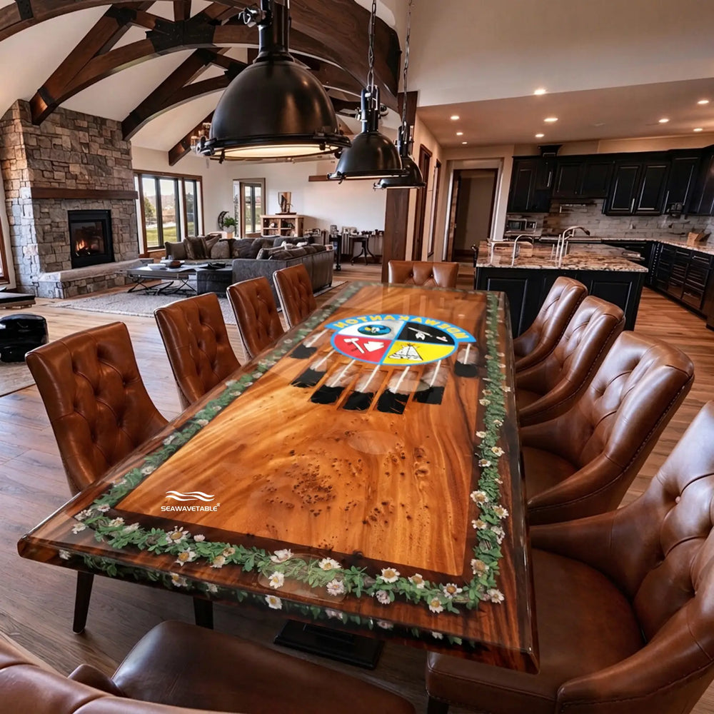 Custom wood dining table featuring warm amber tones and artistic resin detailing – CRT-407