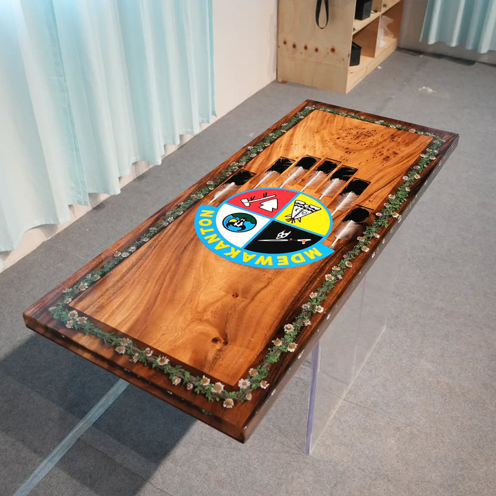 Southwestern-style custom epoxy table with rich natural wood grain patterns