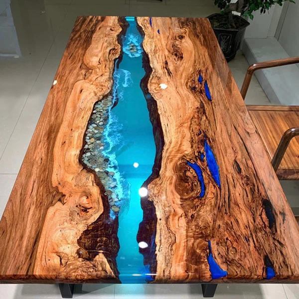 Custom Black Walnut Boat-shaped Sapphire Blue Epoxy Table 216" L × 60" W