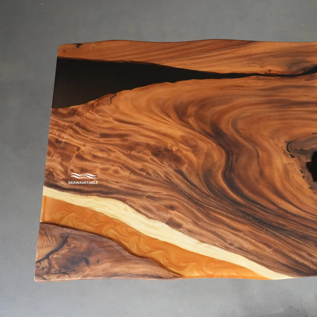 Premium handcrafted walnut epoxy dining table with natural edge wood texture