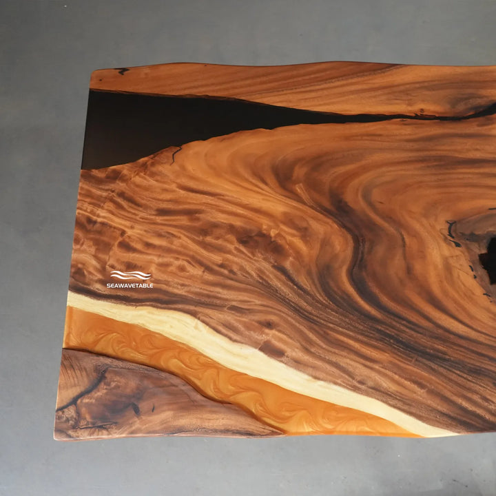Premium handcrafted walnut epoxy dining table with natural edge wood texture