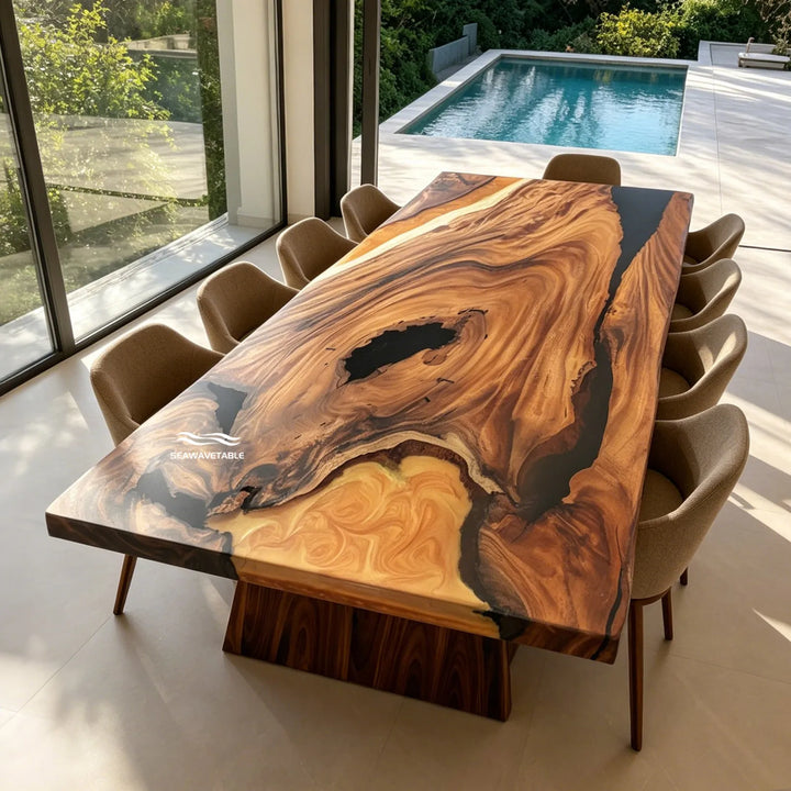 Modern desert luxe dining table crafted from solid walnut and artistic epoxy resin