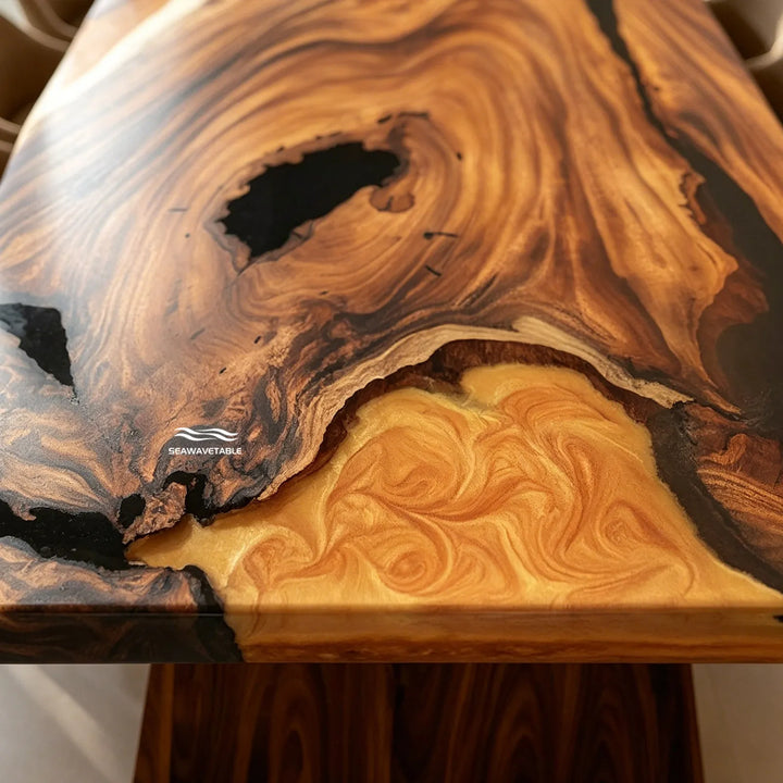 Live edge walnut epoxy dining table with amber resin and natural wood grain detail