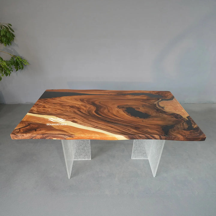 Luxury walnut slab dining table with flowing grain patterns and custom epoxy artwork