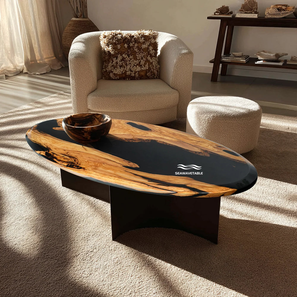 Luxury olive wood epoxy dining table with black resin river