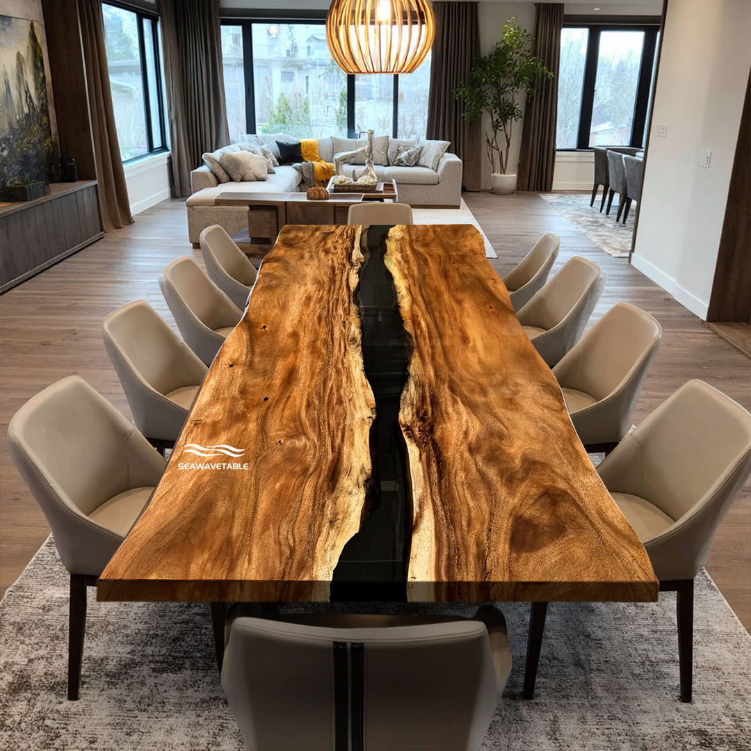 Seattle Bio-Modern Live Edge Dining Table with Midnight River resin inlay CRT-277.