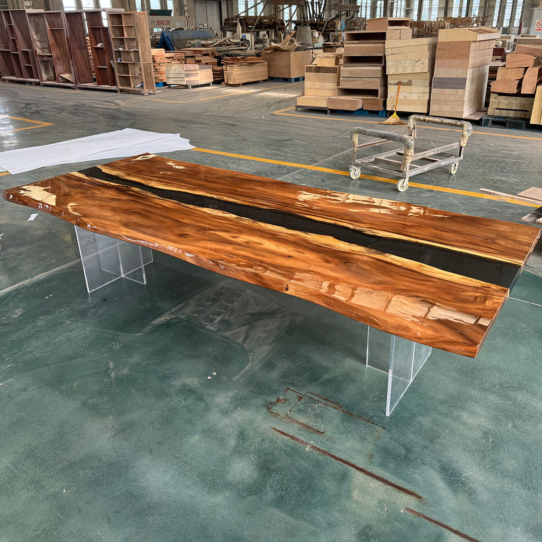 Handcrafted live edge wood table featuring Midnight River art and natural wood grain.