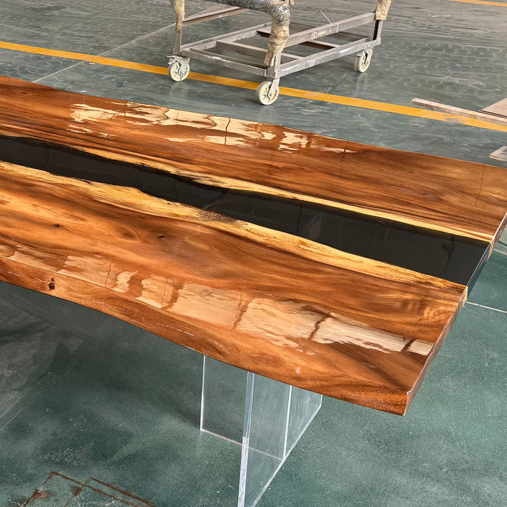 Modern Pacific Northwest style dining furniture with black resin river and live edge slabs.