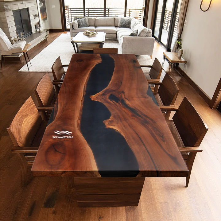 Black Walnut minimalist dining table with midnight black epoxy river