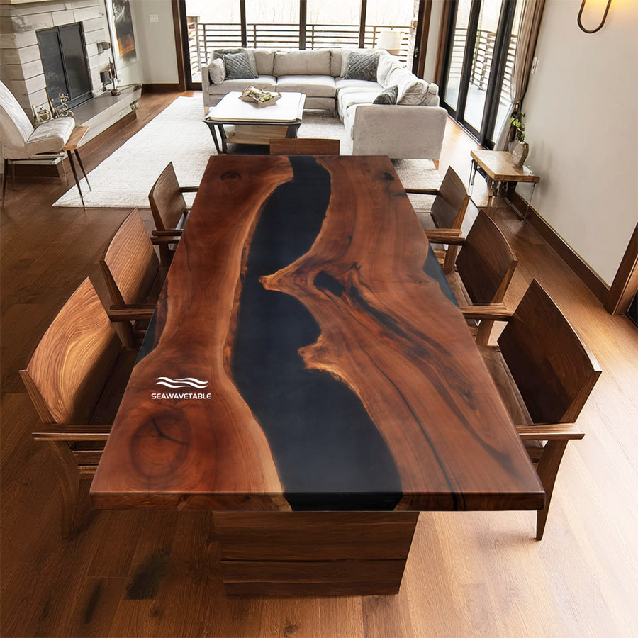 Black Walnut minimalist dining table with midnight black epoxy river