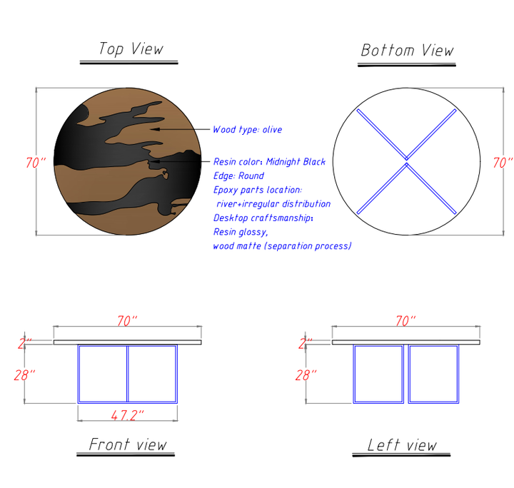 Drawing of the CRT-281 round table, emphasizing its large 70-inch diameter and irregular epoxy resin flow.