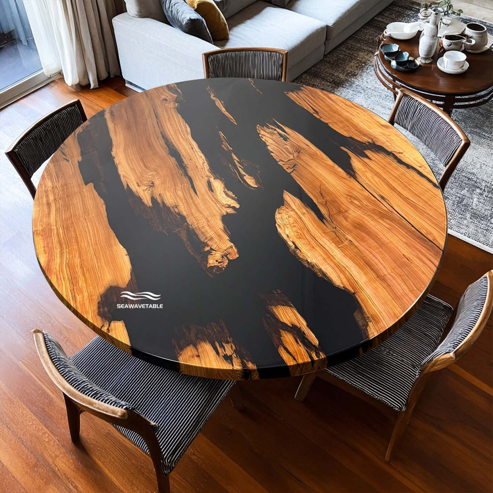 An inviting image of the round coffee table, ready for entertaining, highlighting the unique wood and resin pattern.