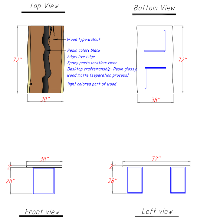 High-end walnut and epoxy furniture table with natural grain