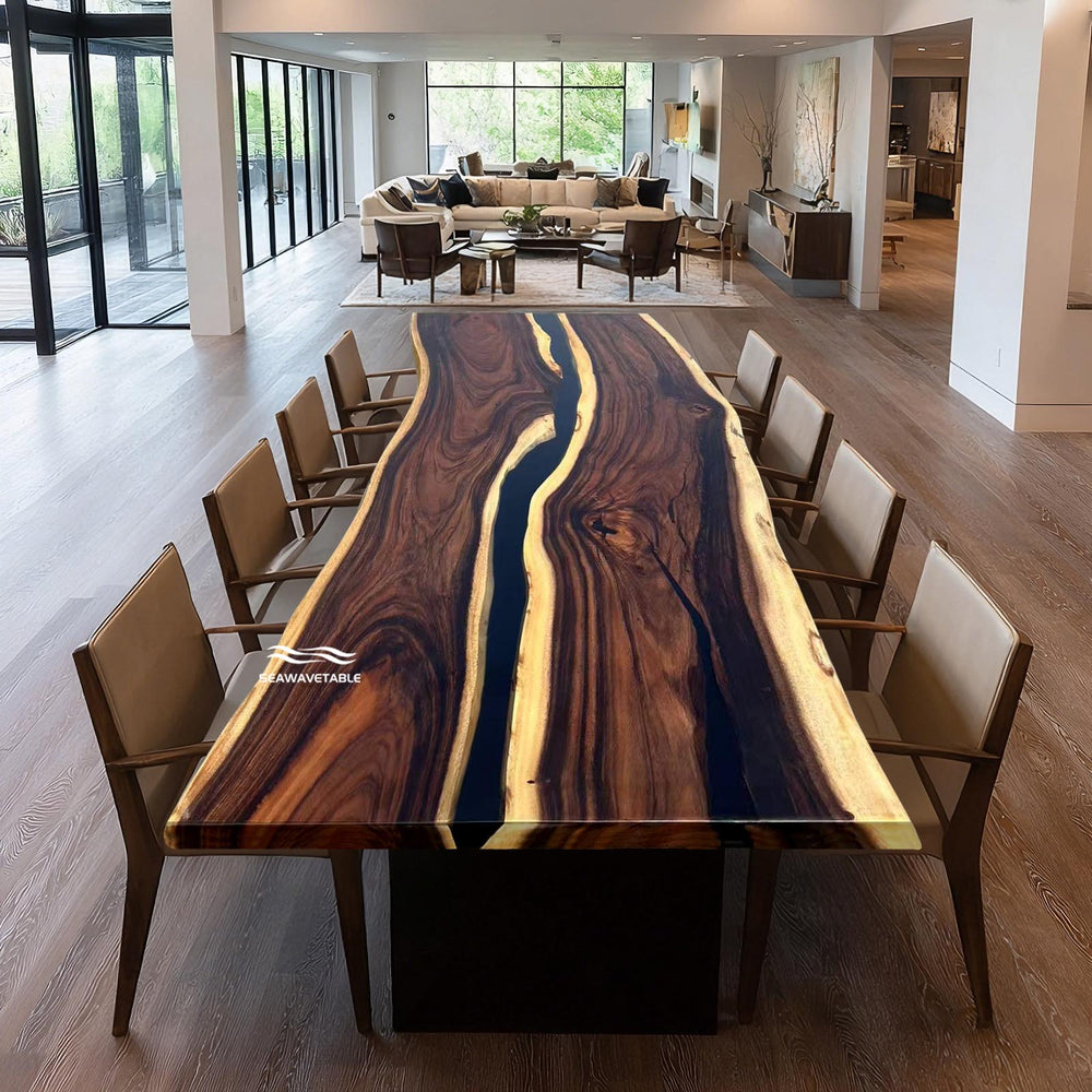 Live edge walnut epoxy river dining table with black resin center