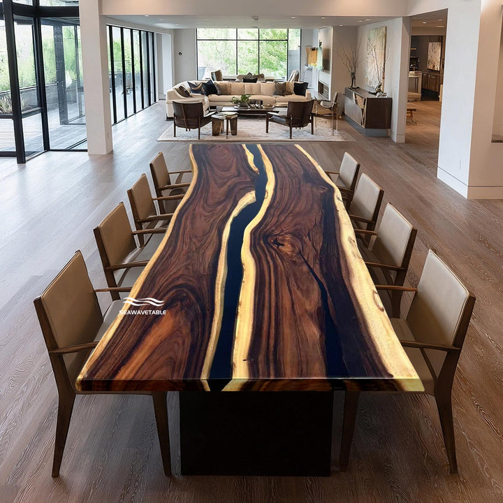 Live edge walnut epoxy river dining table with black resin center