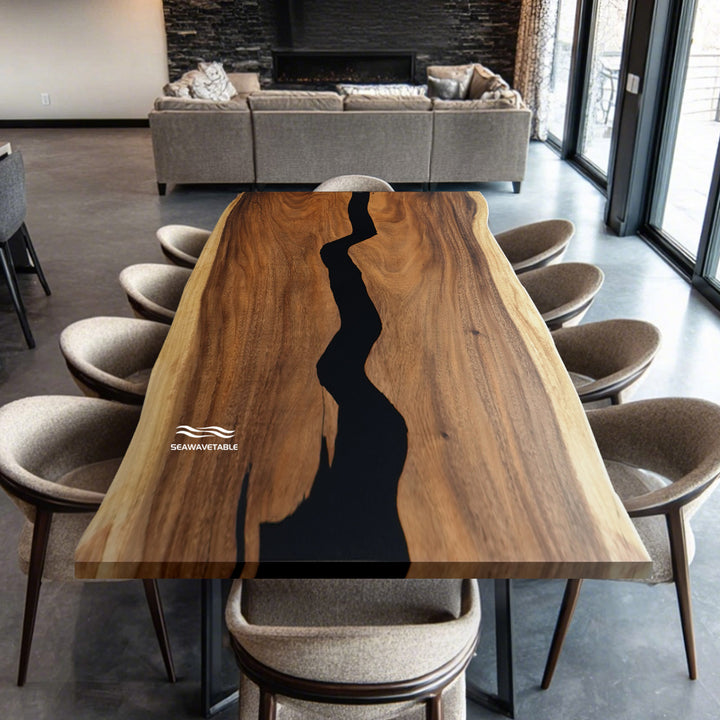 Live edge walnut epoxy table featuring black resin river design