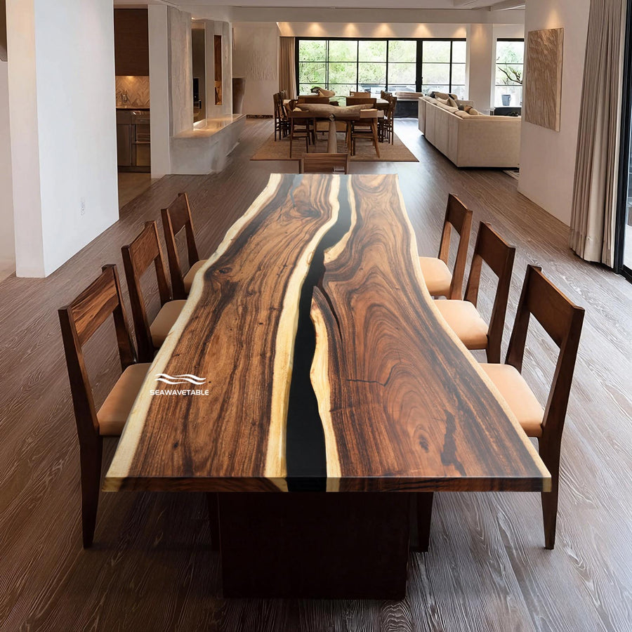 Live edge walnut epoxy river dining table with black resin center