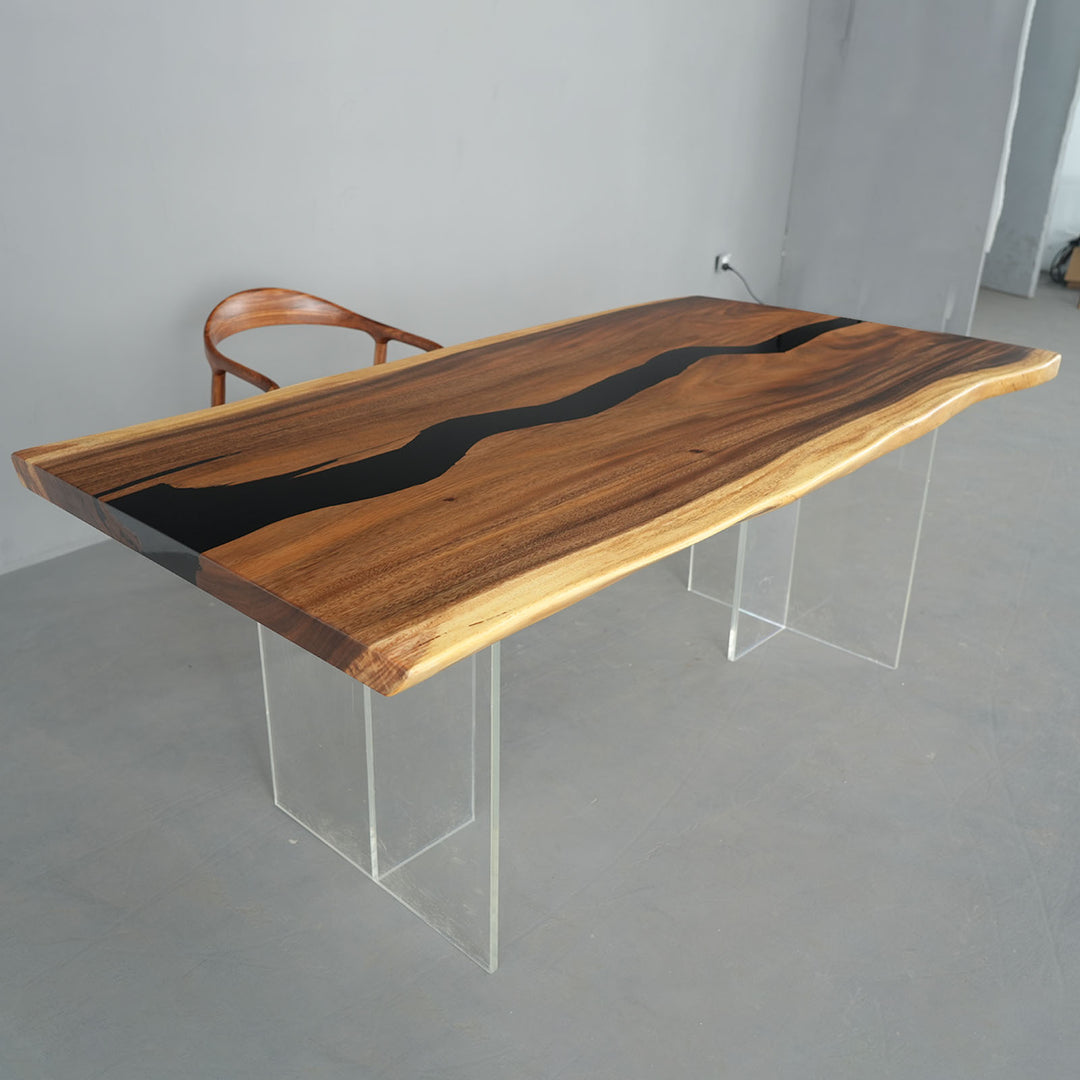 Seattle-style walnut conference table with glossy black epoxy center