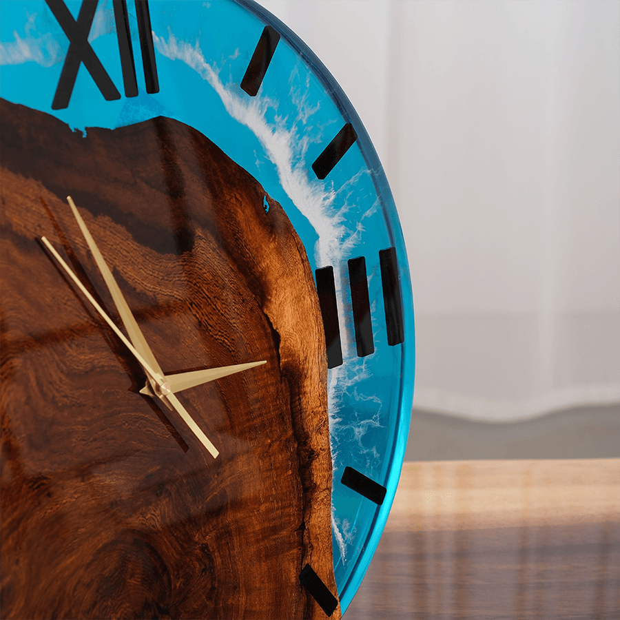 Seawave Black Walnut Wood Blue Ocean Epoxy Wall Clock EC008 – 45cm x 45cm x 3cm