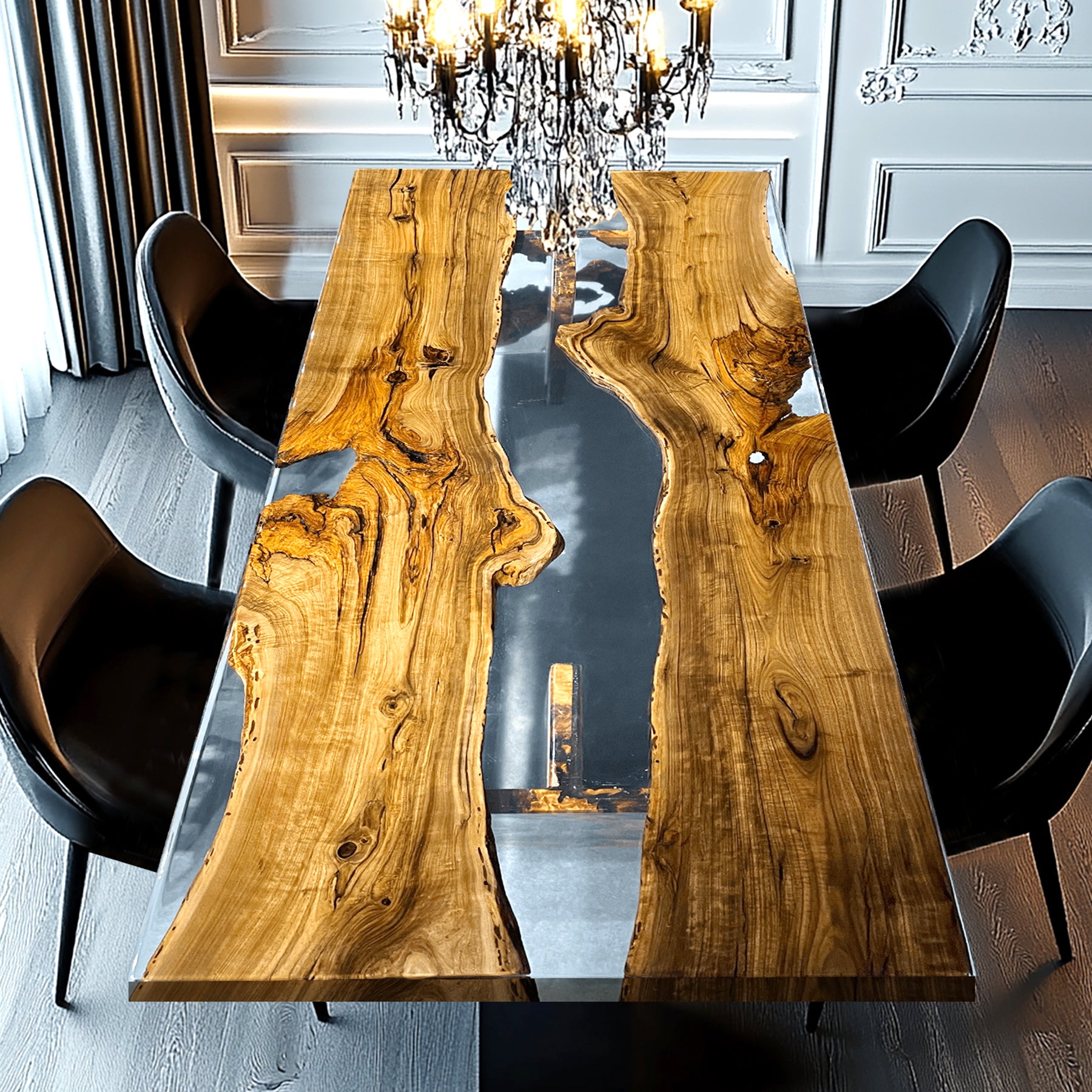 Custom Black Walnut Slab Clear Resin River Table Top CRT-075