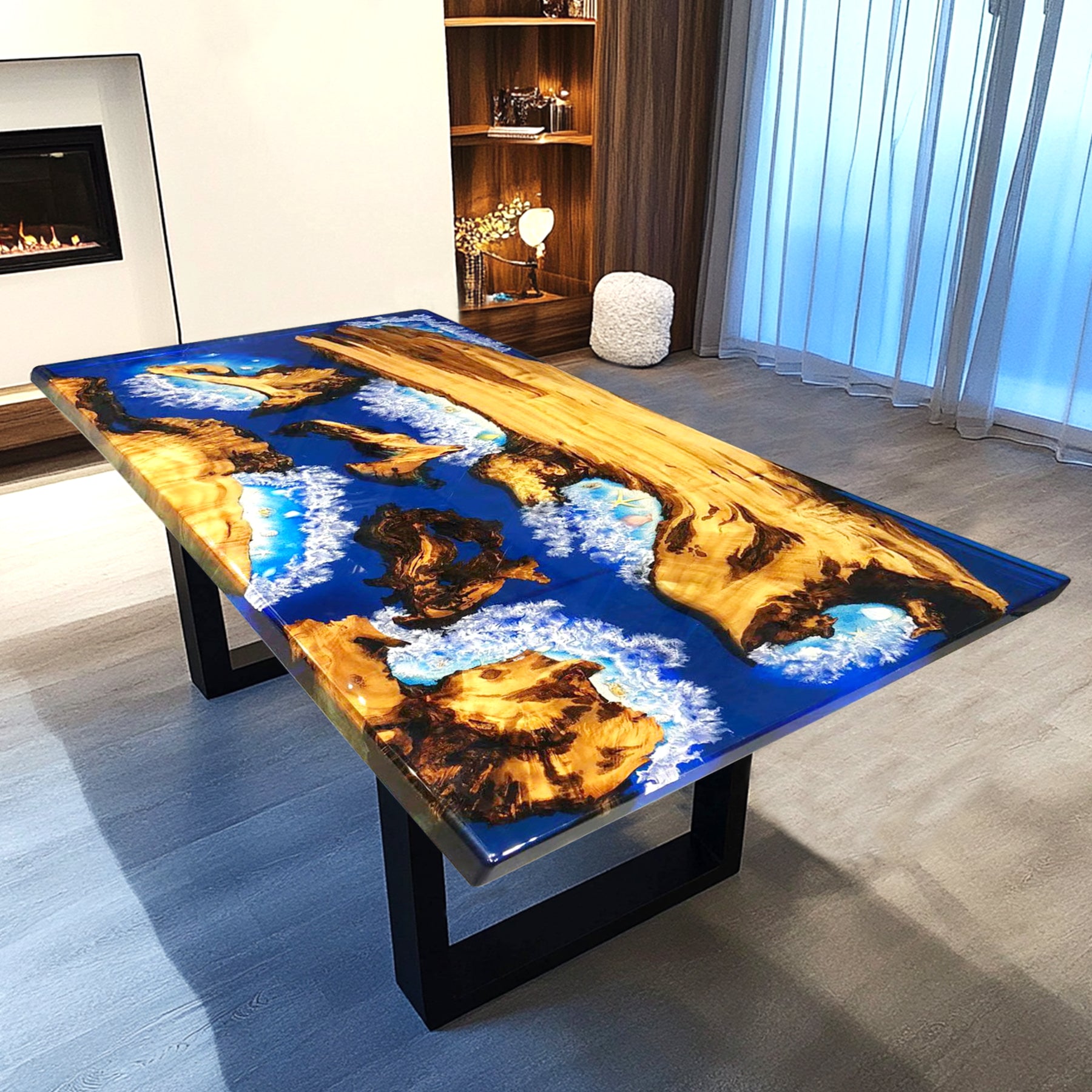 Custom Handmade Golden Camphor Irregular Blue Epoxy Ocean Table