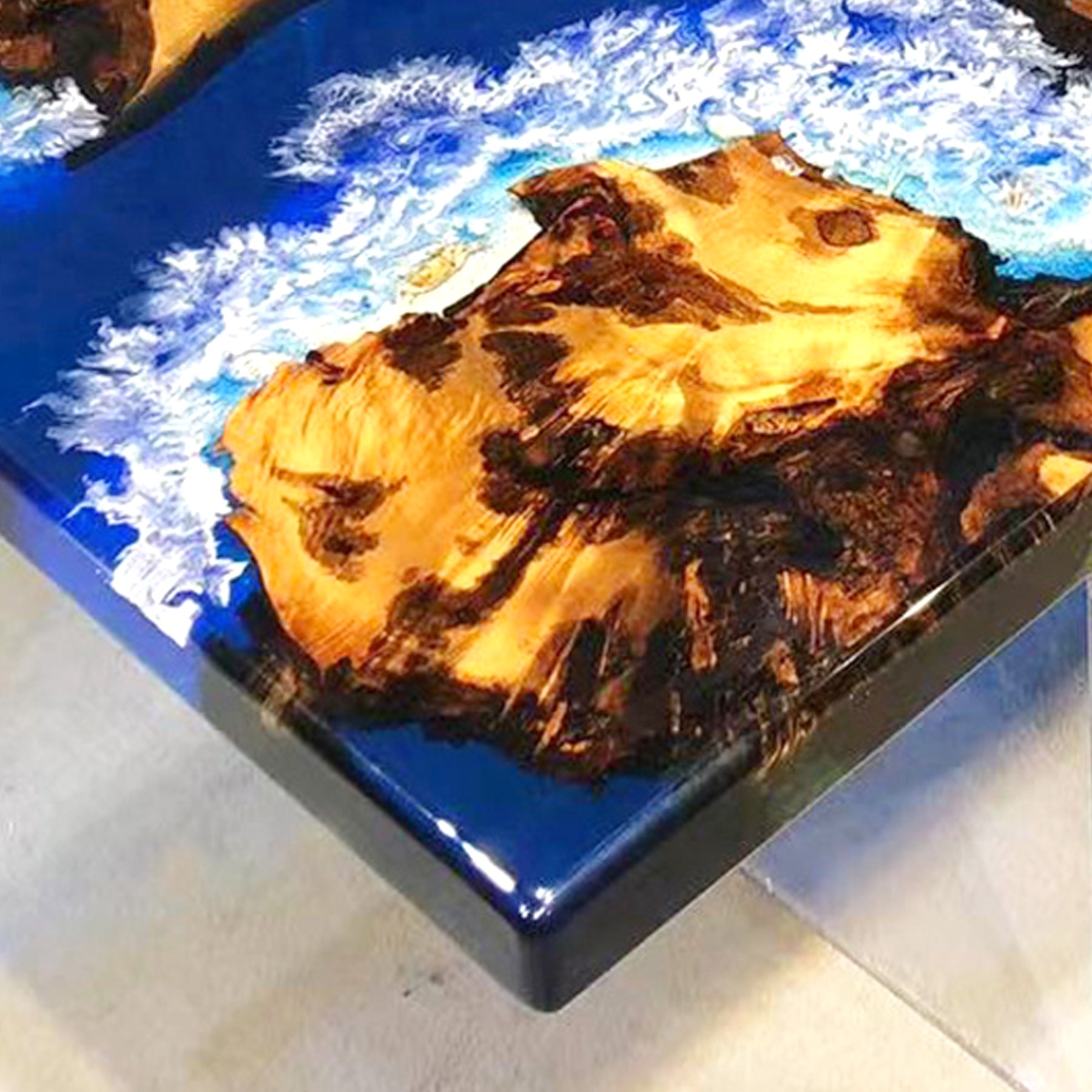 Custom Handmade Golden Camphor Irregular Blue Epoxy Ocean Table