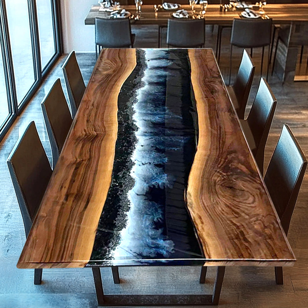 Black walnut table,epoxy table,dining table,resin table,River table,kitchen table,epoxy table top,epoxy counter top,black epoxy table,custom epoxy resin table，blue epoxy table,custom epoxy table,epoxy resin table,grow epoxy table with LED lights