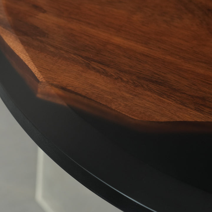High-end round resin table showcasing wood grain and glossy finish