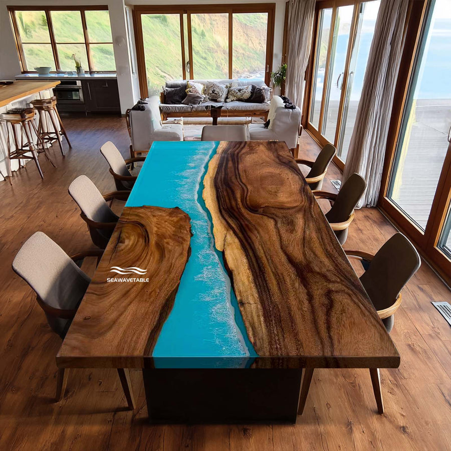 SeawaveTable walnut river resin table ready to ship