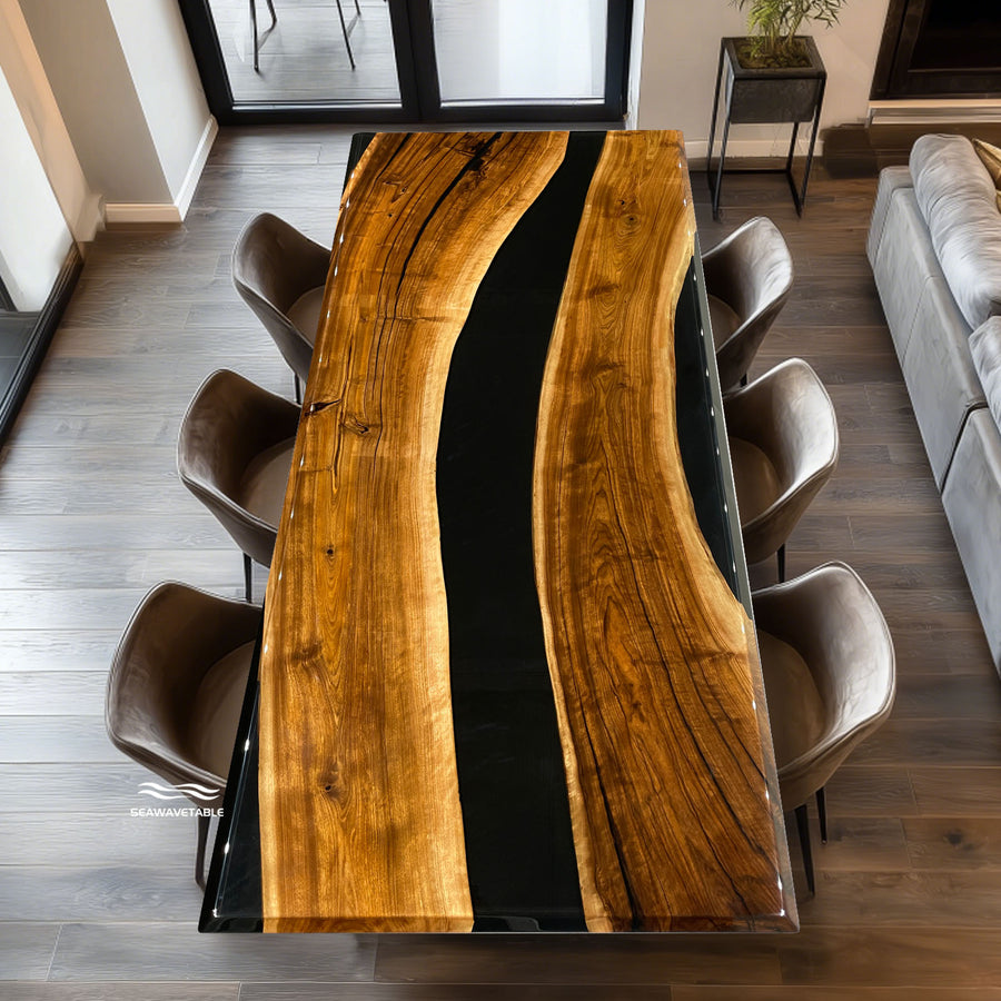 Stock oversized walnut resin dining table with river design