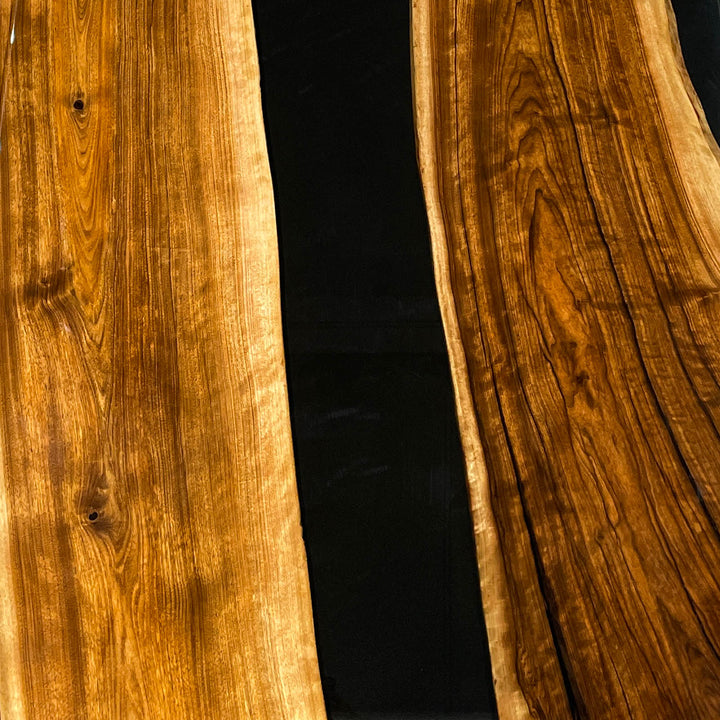 Epoxy resin stock dining table with elegant black walnut wood grain