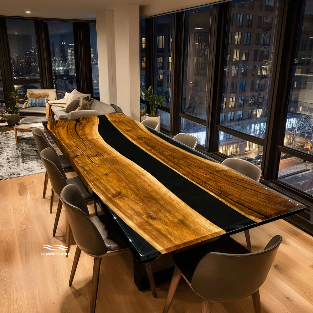 Ready to ship luxury epoxy resin dining table in walnut wood