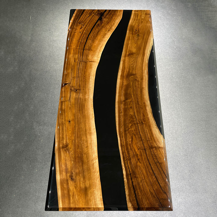 In stock handcrafted resin river table with free metal legs