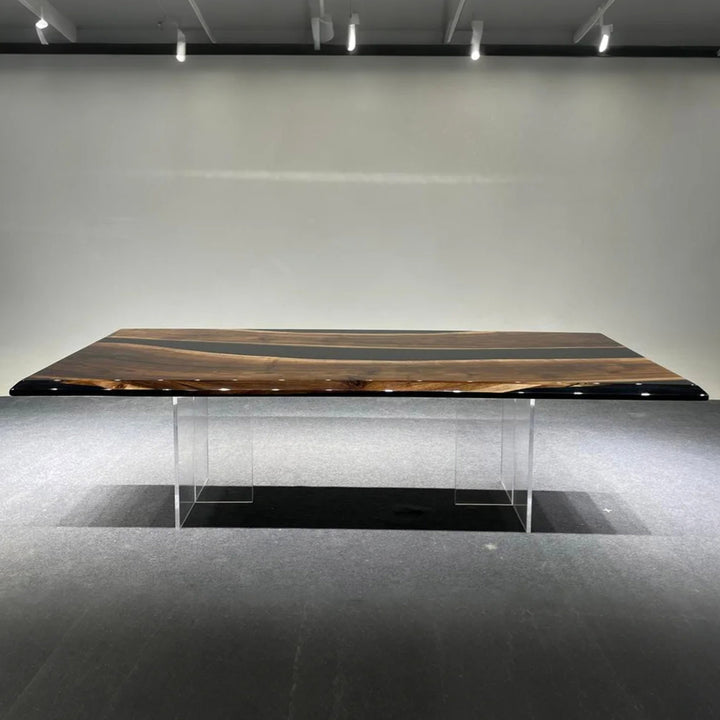 Stock black walnut wood epoxy resin table with beveled edge design