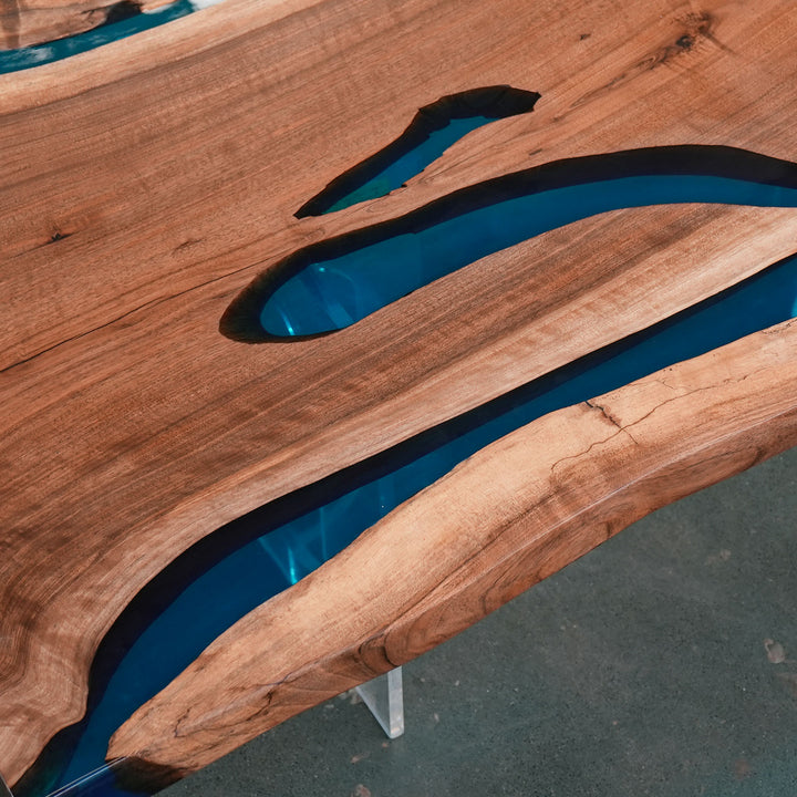 SeawaveTable-Luxury straight live edge black walnut wood table combined with clear epoxy resin for dining or office use