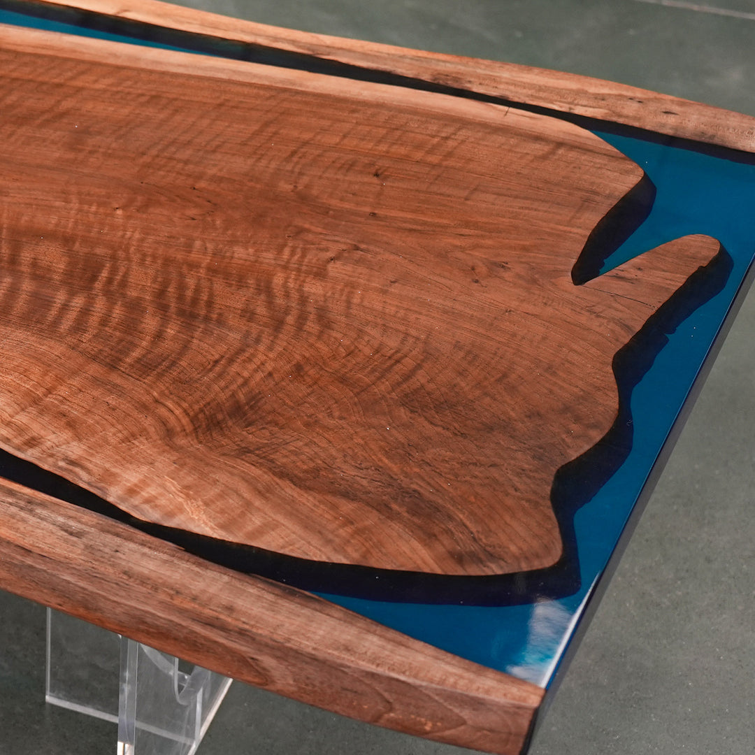 SeawaveTable-Elegant epoxy river table with blue resin and handmade wood craftsmanship