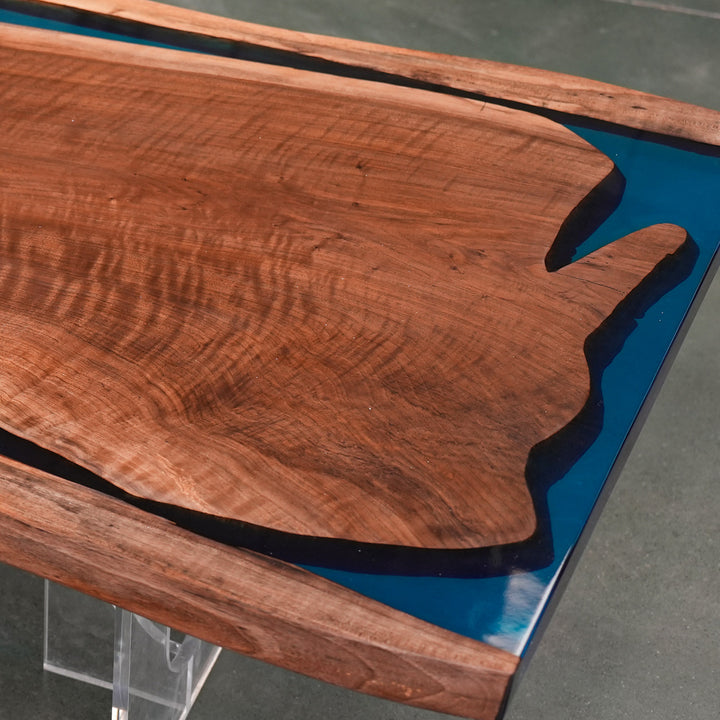 SeawaveTable-Elegant epoxy river table with blue resin and handmade wood craftsmanship