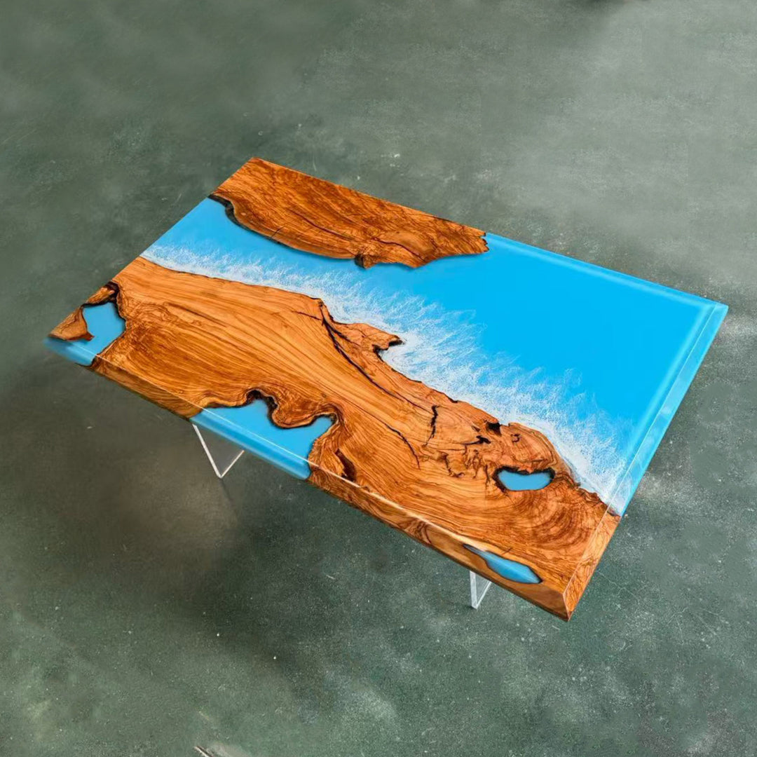 SeawaveTable-Unique handmade epoxy resin table with beveled edge wood and ocean resin effect