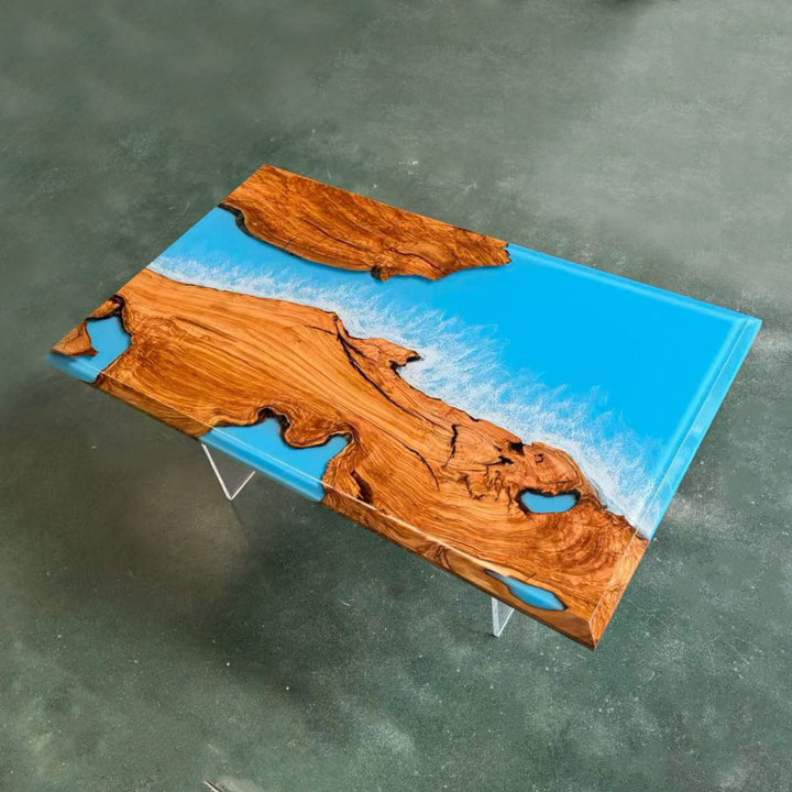 SeawaveTable-Unique handmade epoxy resin table with beveled edge wood and ocean resin effect