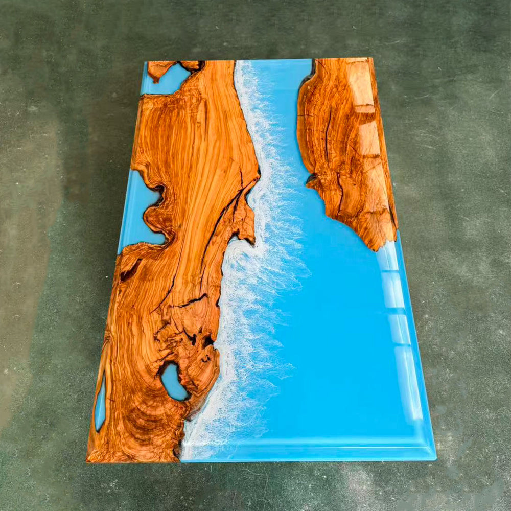 SeawaveTable-Modern epoxy resin ocean table with beveled edge olive wood and clear blue resin finish