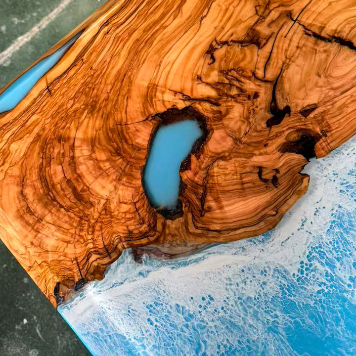 SeawaveTable-Ocean blue olive epoxy resin table with glossy beveled edge 