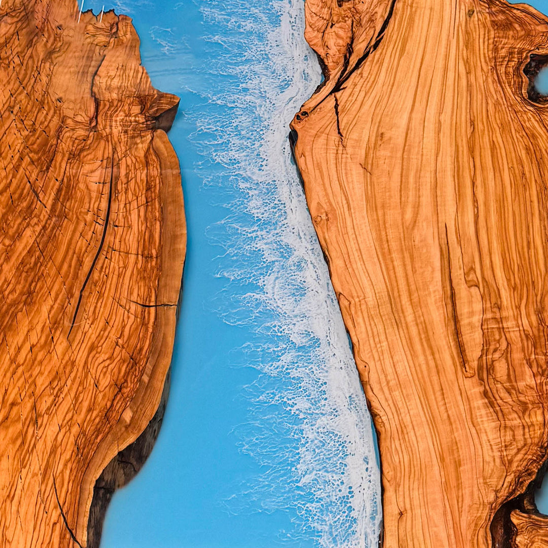 SeawaveTable-Elegant epoxy resin dining table with sea-inspired resin and beveled edge slab