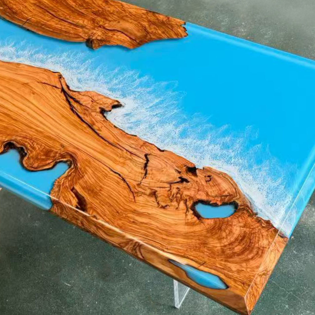 SeawaveTable-Handmade epoxy resin dining table with ocean wave resin details