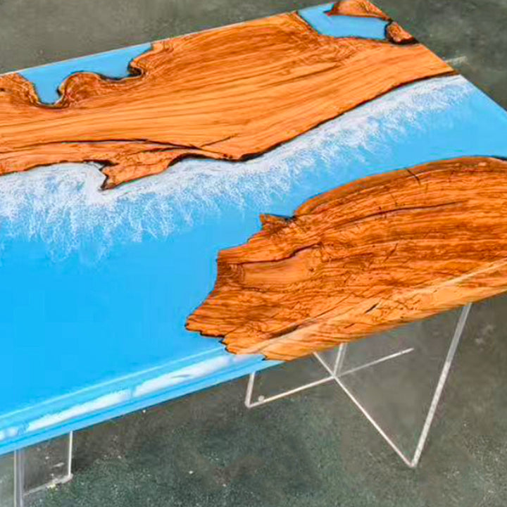 SeawaveTable-Stunning epoxy ocean table with luxury resin and beveled edge wood craftsmanship