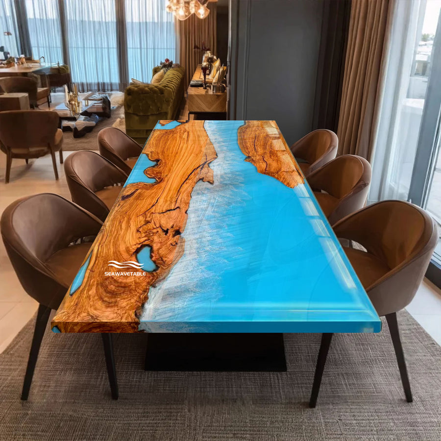 SeawaveTable-Handmade epoxy resin dining table with beveled edge wood and blue ocean resin design