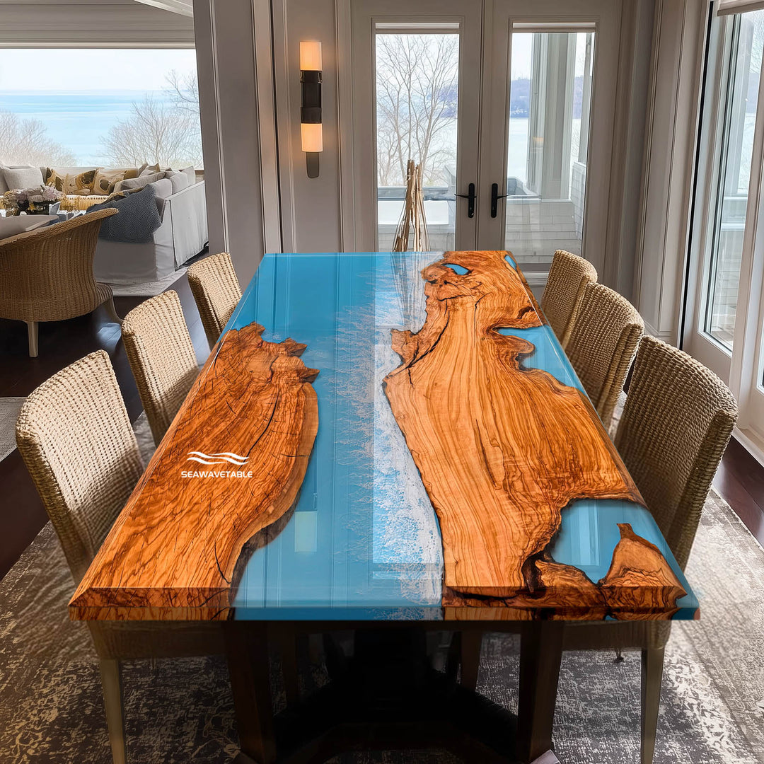 SeawaveTable-Ocean-inspired epoxy resin dining table with natural wood grain and resin waves