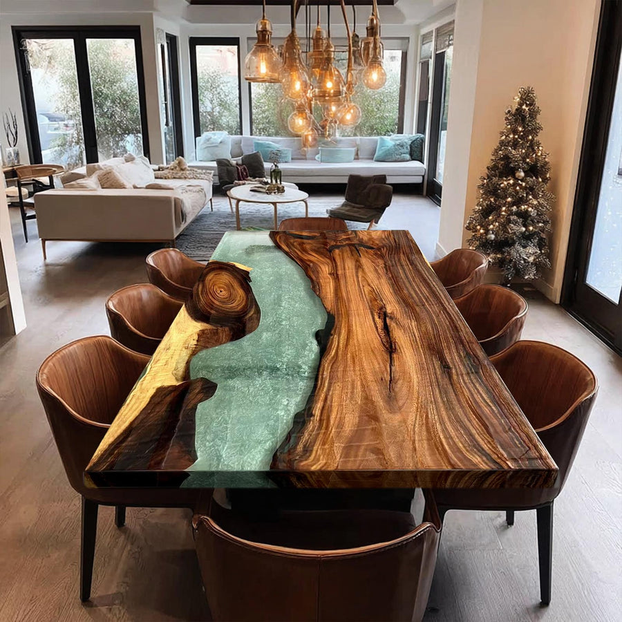 Luxury walnut wood and epoxy resin dining table in modern living room