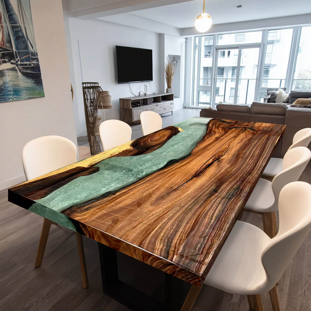 Unique straight edge walnut and turquoise resin dining table