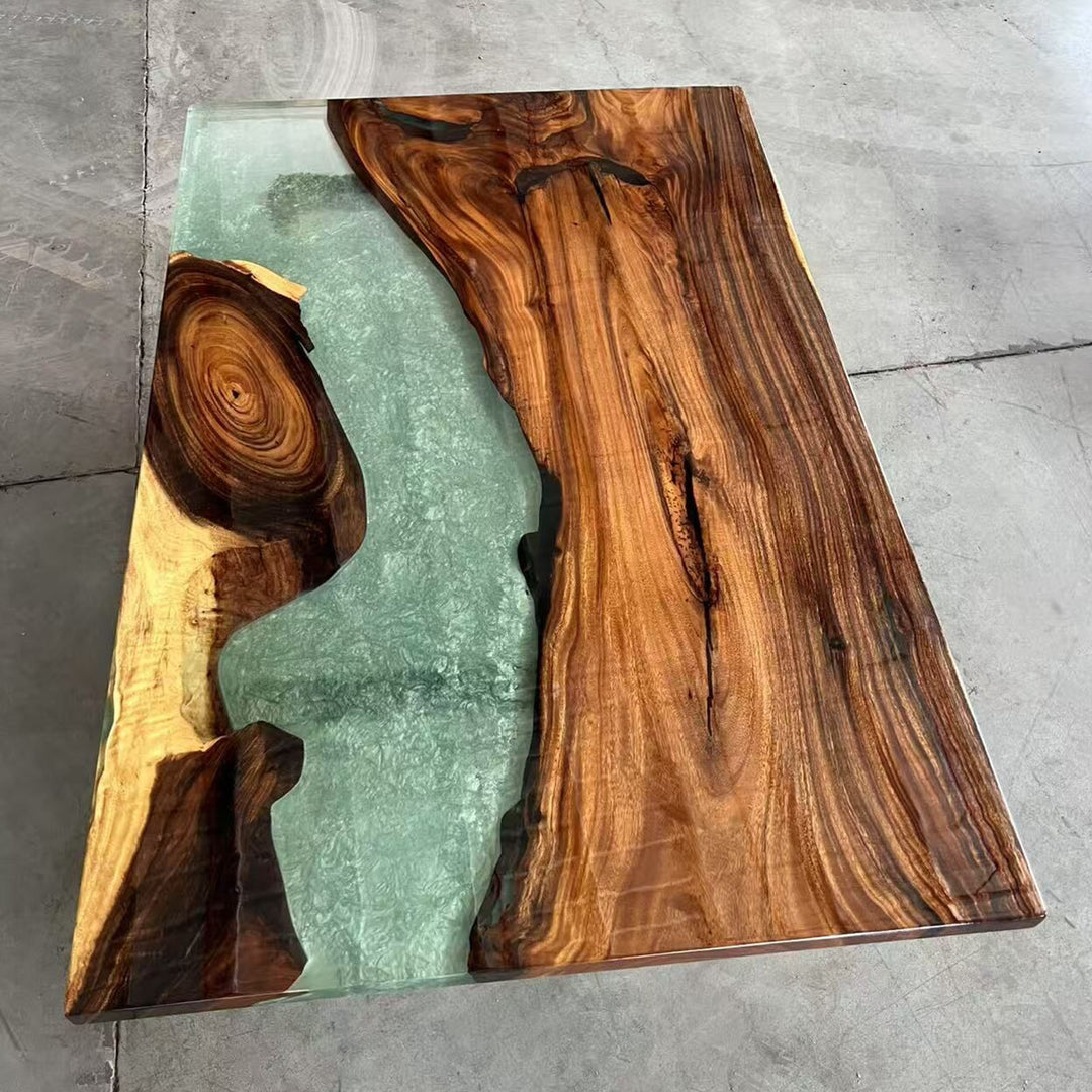 Contemporary epoxy resin river table with walnut wood slab
