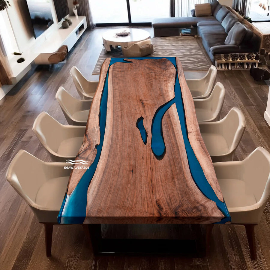 SeawaveTable-Handmade epoxy resin table for dining room, modern epoxy river furniture design